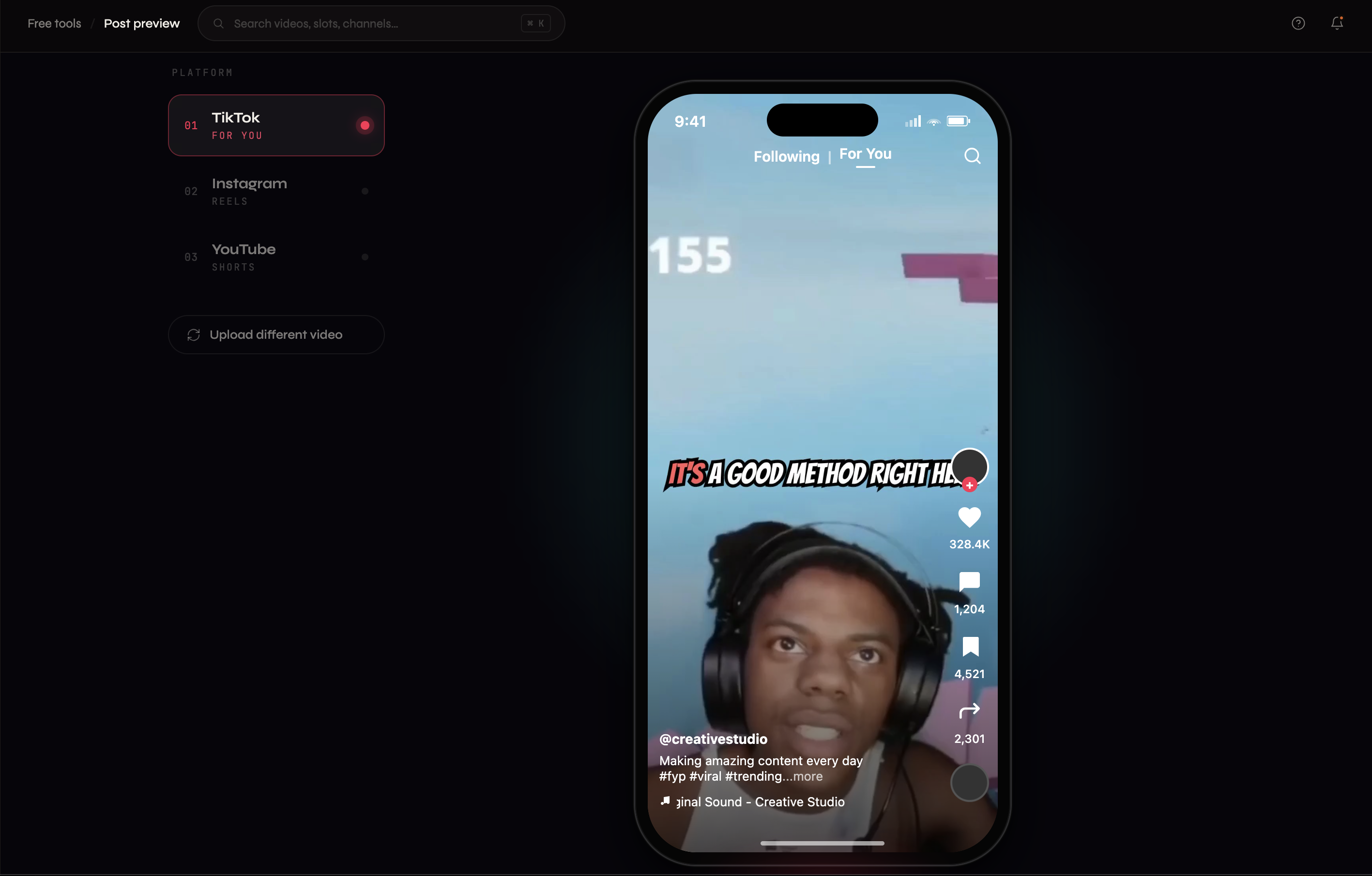Post Preview showing a captioned clip inside the TikTok For You interface: the platform selector (TikTok, Instagram Reels, YouTube Shorts) on the left, and a phone preview where the burned-in caption sits clear of TikTok's right-side action rail (like 328.4K, comment 1,204, bookmark 4,521, share 2,301) and the @creativestudio username, caption, and sound row at the bottom — so the caption safe zone is verified before publishing